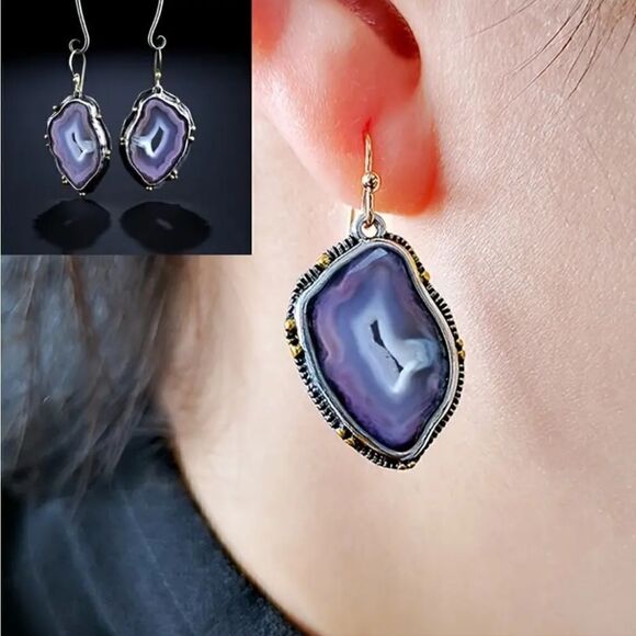 Stylish Drop Earrings Gold Plated Irregular Faux Purple Stone Pendant - Picture 5 of 6